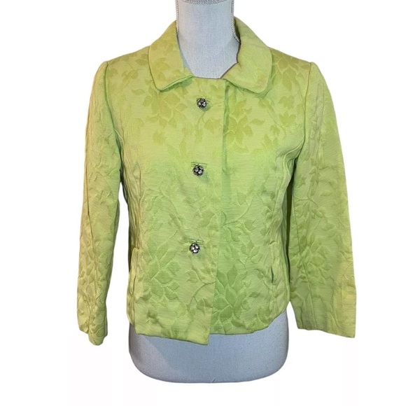 Rappi Green Vintage 60s Jacket Textured Flower Pattern Snap Rhinestone Buttons - Picture 1 of 11
